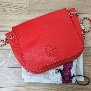 Tory Burch Marion Small Flap Leather Shoulder Bag Color Samba (Red Orange)